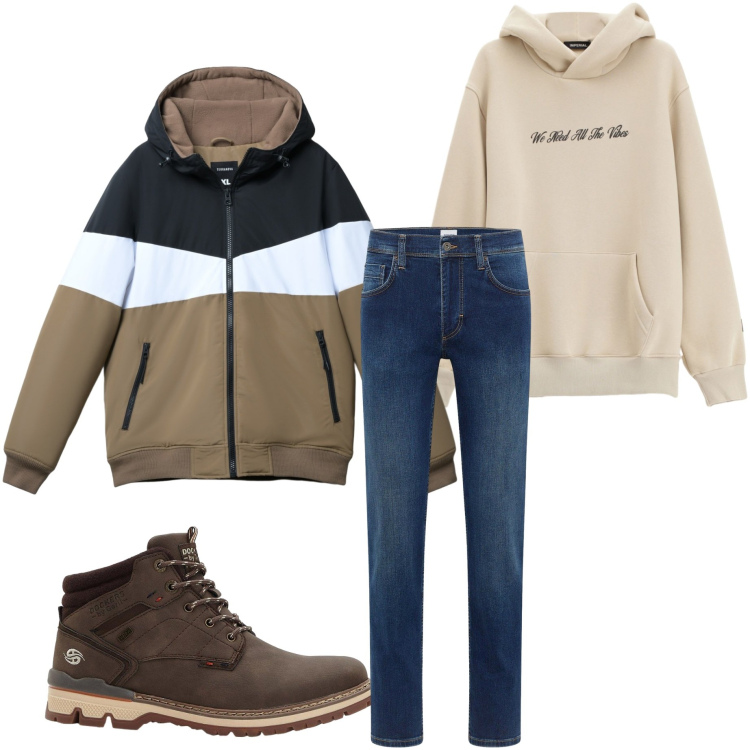 Outfit uomo - Weekend in campagna. Stile Casual per Tutti i giorni. Abbinamento con jeans dritti, stivali e stivaletti, piumini, felpe con cappuccio.