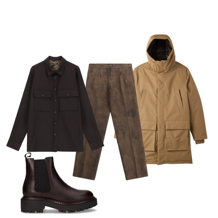 Outfit uomo - Il caldo giaccone cammello. Stile Casual per Tutti i giorni. Abbinamento con parka, pantaloni, camicie, stivali e stivaletti.