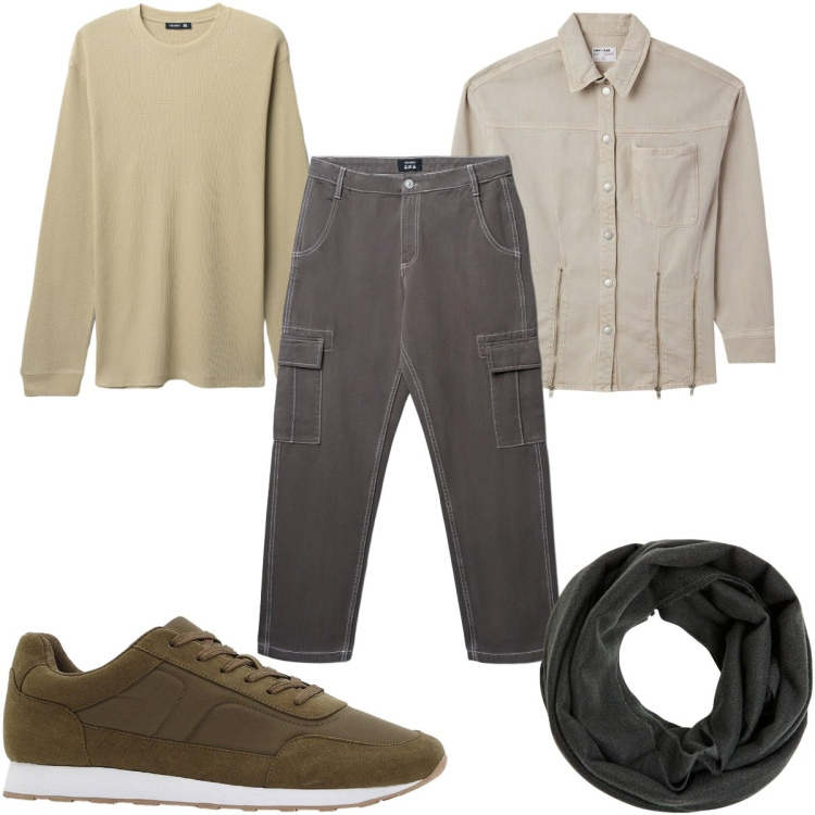 Outfit uomo - Total look #2264989. Stile Casual per Tutti i giorni. Abbinamento con sneakers, sciarpe, camicie, pantaloni cargo, maglieria.