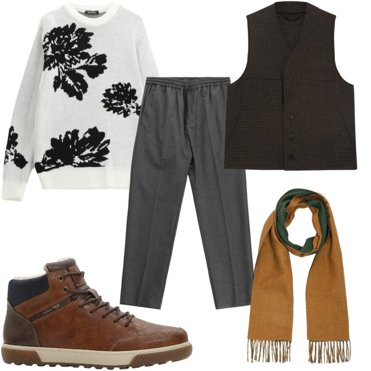 Outfit uomo - Total look #2264990. Stile Trendy per Tutti i giorni. Abbinamento con sneakers alte, pullovers, pantaloni, sciarpe, gilet.