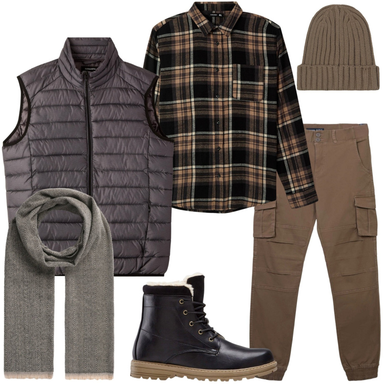 Outfit uomo - Weekend in campagna. Stile Casual per Tutti i giorni. Abbinamento con stivali e stivaletti, camicie, pantaloni cargo, sciarpe, piumini, berretti.