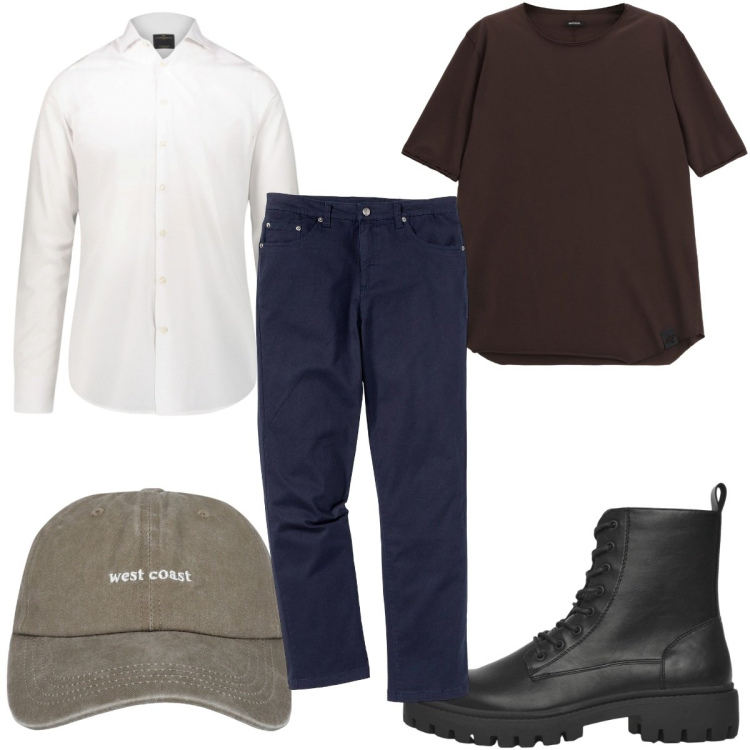 Outfit uomo - Total look #2264993. Stile Casual per Tutti i giorni. Abbinamento con pantaloni, cappelli con visiera, anfibi, t-shirt, camicie.