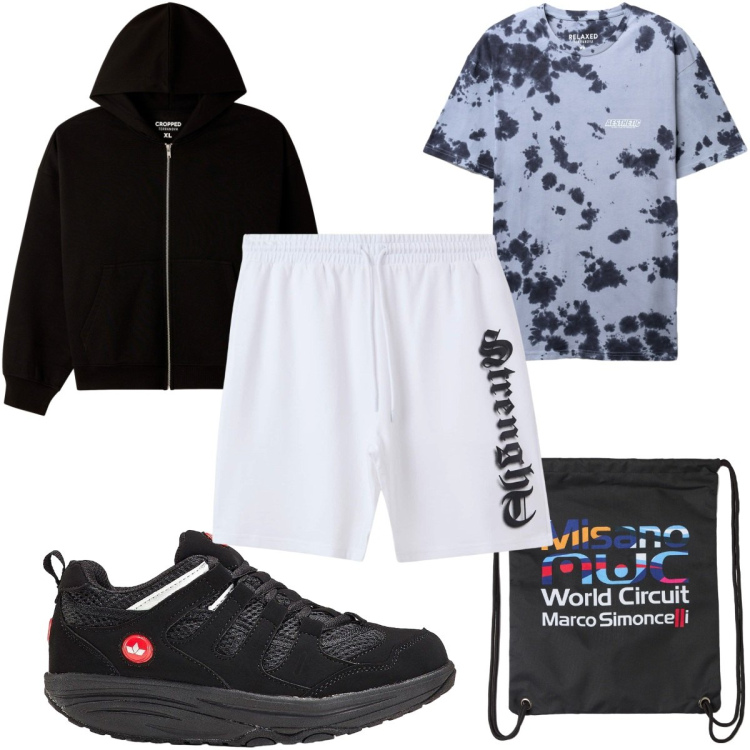 Outfit uomo - Total look #2264995. Stile Trendy per Sport. Abbinamento con sneakers, borse sportive, bermuda, felpe con cappuccio, t-shirt.