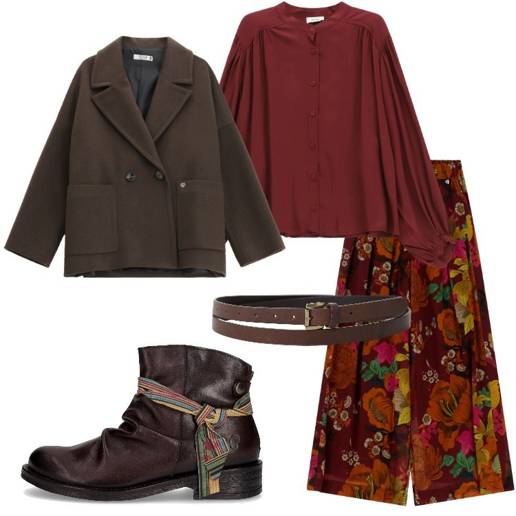 Outfit donna - Passeggiata tra le foglie. Stile Casual chic per Tutti i giorni. Abbinamento con cappotti, camicie, pantaloni a palazzo, cinture, stivaletti chelsea.
