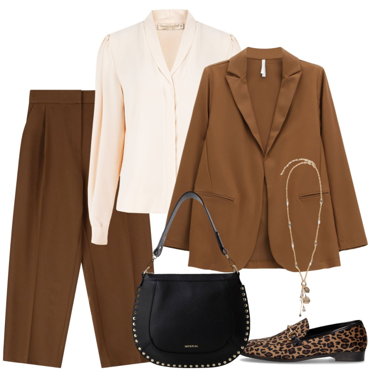 Outfit donna - Una sera d\'autunno. Stile Mannish per Serata fuori. Abbinamento con camicie, blazer, pantaloni, borse a spalla, mocassini, ciondoli.