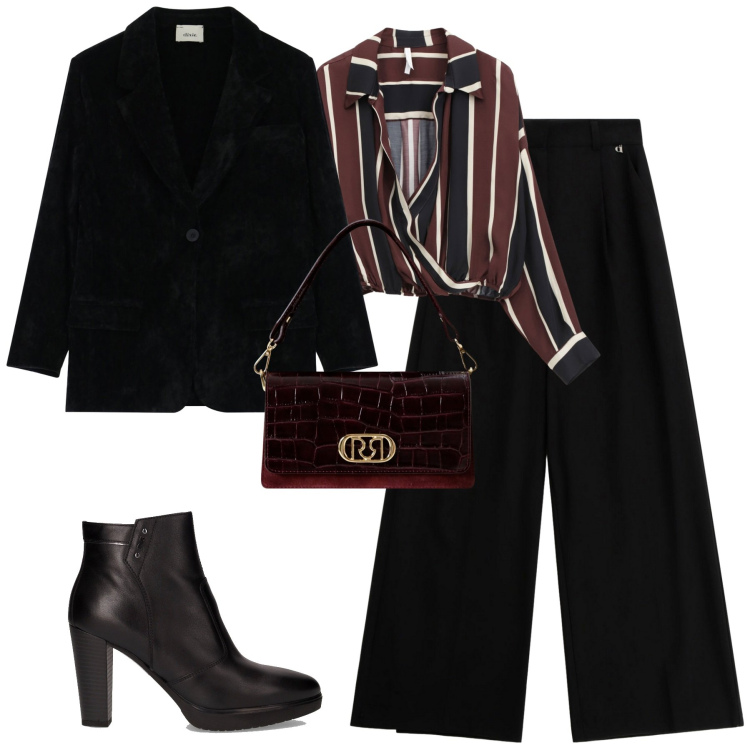 Outfit donna - City. Stile Trendy per Tutti i giorni. Abbinamento con borse a mano, blazer, pantaloni a palazzo, camicie, stivaletti.