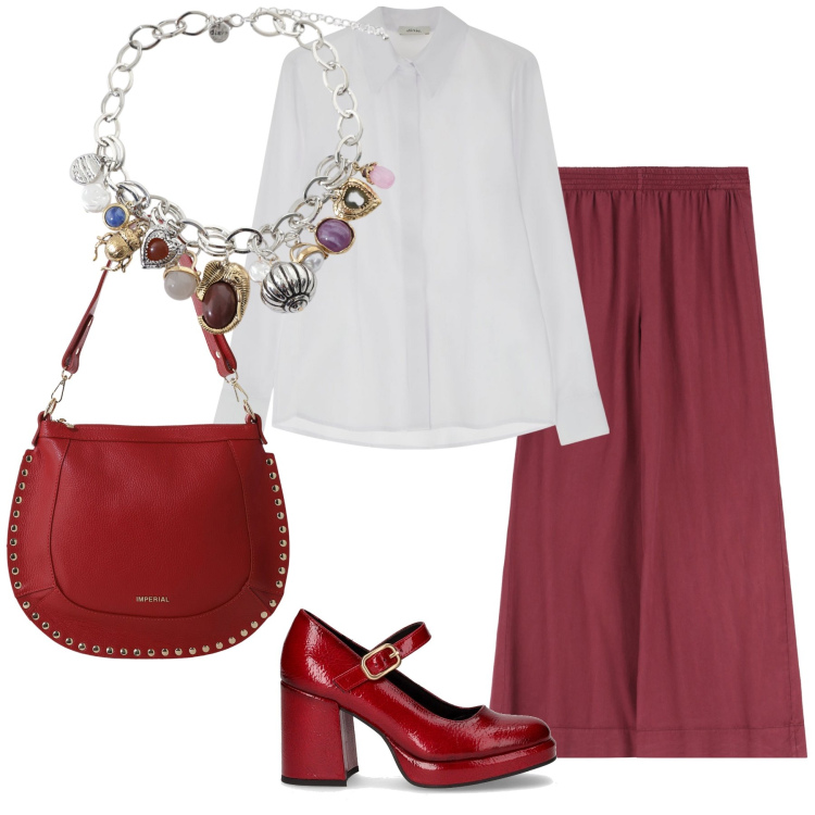 Outfit donna - Cadono le foglie. Stile Urban per Tutti i giorni. Abbinamento con borse a spalla, camicie, pantaloni a palazzo, braccialetti con ciondoli, décolleté.