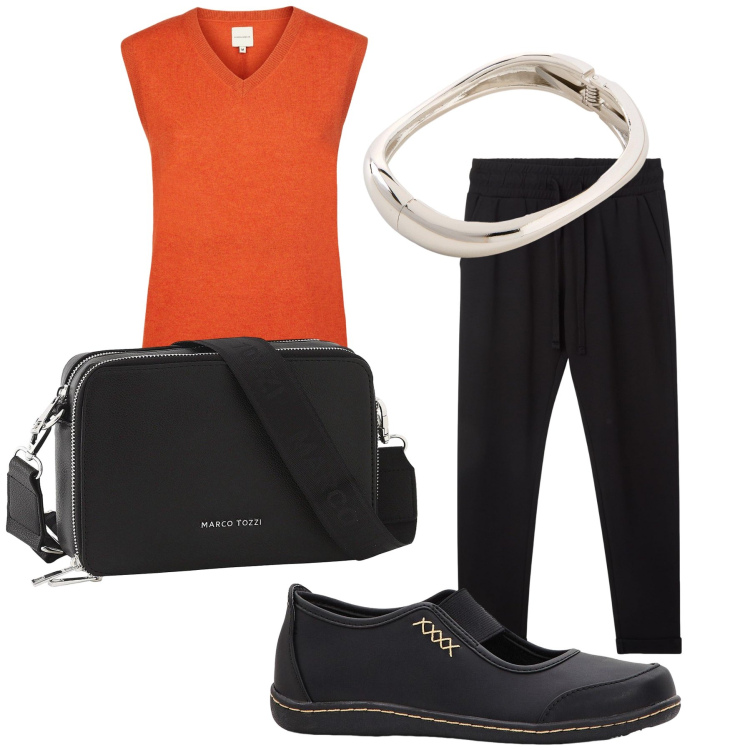 Outfit donna - Coloriamo un po’ la stagione. Stile Casual per Tutti i giorni. Abbinamento con ballerine, braccialetti, borse a tracolla, pantaloni, maglieria.