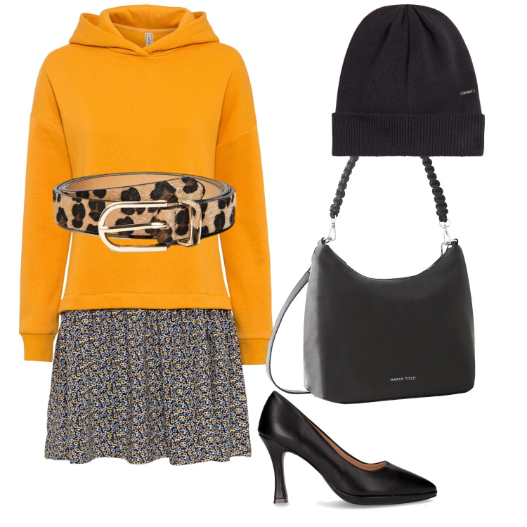 Outfit donna - L ‘ arancione nell ‘ abitino. Stile Urban per Tutti i giorni. Abbinamento con vestiti, borse a mano, berretti, décolleté, cinture.