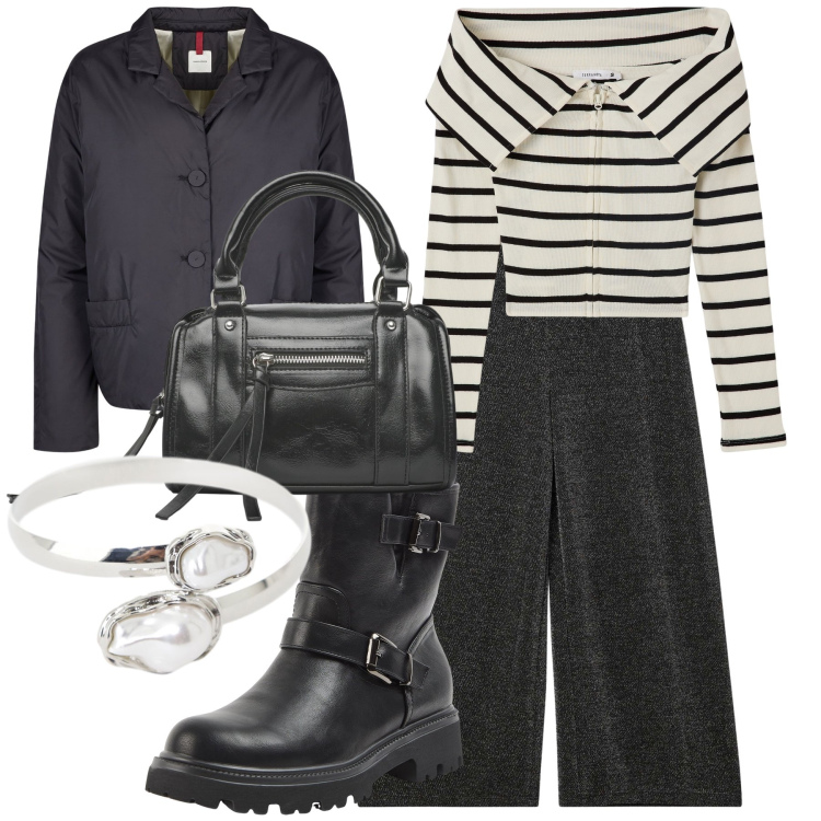 Outfit donna - Total look. Stile Casual chic per Tutti i giorni. Abbinamento con pantaloni culotte, cardigans, stivaletti, borse a mano, braccialetti, blazer.