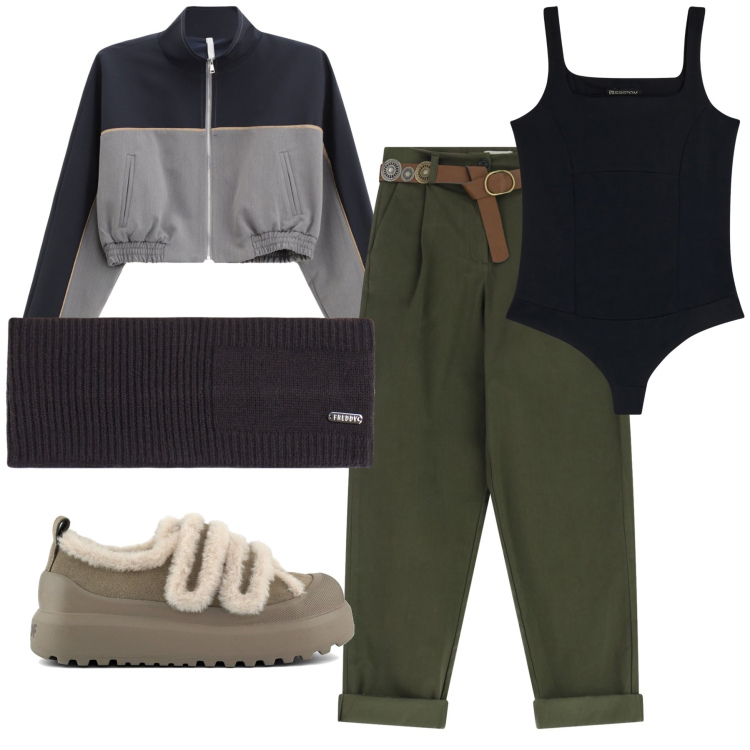 Outfit donna - Free time. Stile Casual per Tutti i giorni. Abbinamento con felpe, body, accessori per capelli, pantaloni, sneakers.