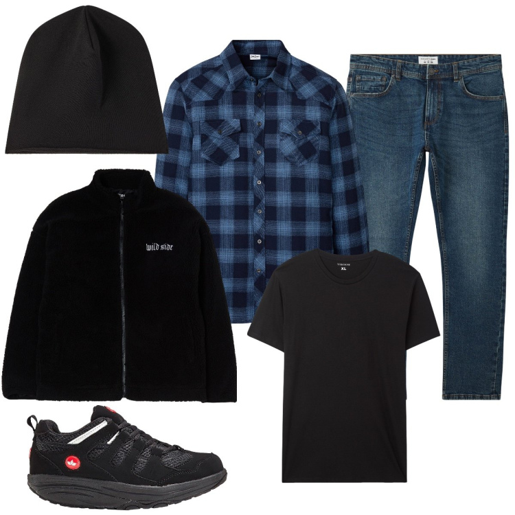 Outfit uomo - Layering per il weekend in campagna. Stile Casual per Tutti i giorni. Abbinamento con camicie, sneakers, jeans, giacche, t-shirt, berretti.