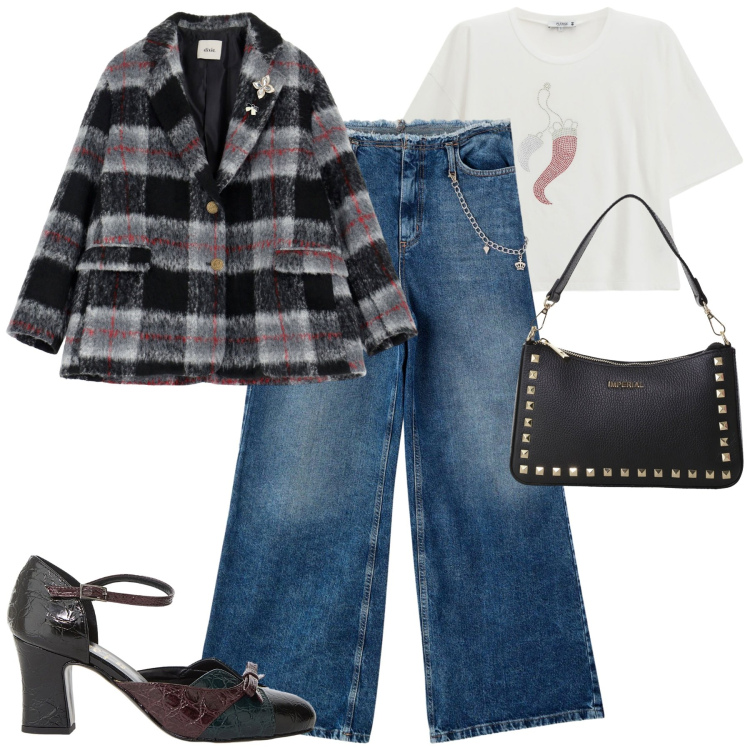 Outfit donna - Total look #2265015. Stile Urban per Tutti i giorni. Abbinamento con jeans dritti, t-shirt, pochette, blazer, décolleté.