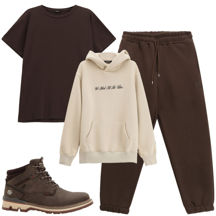 Outfit uomo - Ottobre. Stile Casual per Tutti i giorni. Abbinamento con stivali e stivaletti, felpe con cappuccio, pantaloni, t-shirt.