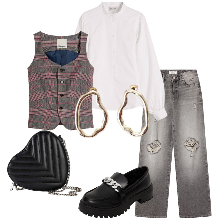Outfit donna - Serata con gli amici. Stile Urban per Serata fuori. Abbinamento con borse a tracolla, gilet, camicie, mocassini, jeans strappati, orecchini.