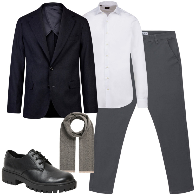 Outfit uomo - City. Stile Business/Elegante per Ufficio. Abbinamento con scarpe stringate, pantaloni chino, sciarpe, giacche, camicie.