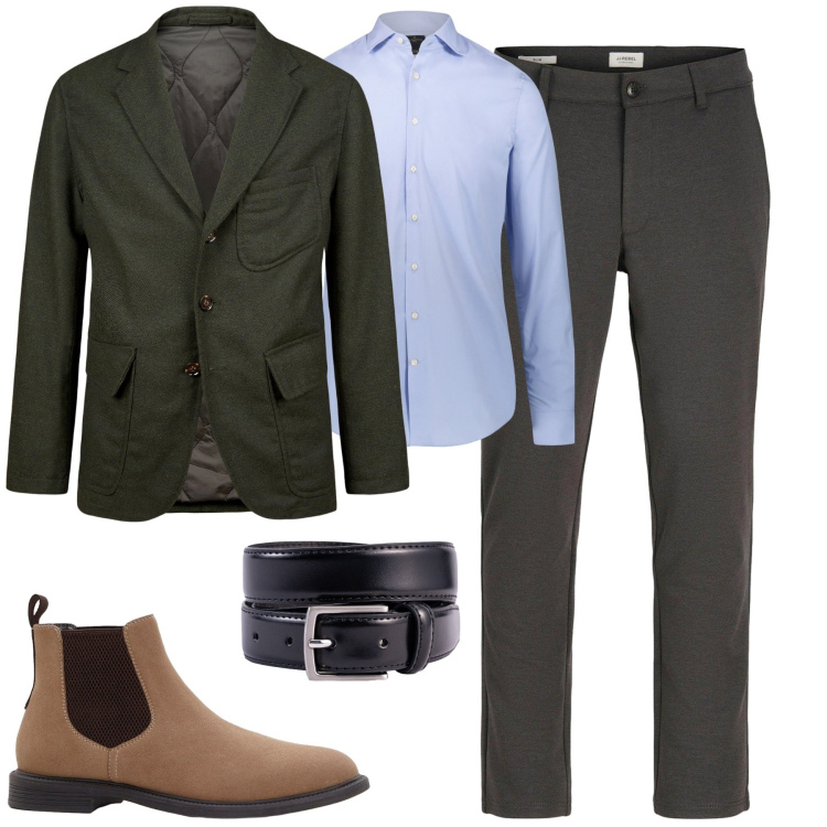 Outfit uomo - Ottobre. Stile Business/Elegante per Tutti i giorni. Abbinamento con stivali e stivaletti, pantaloni chino, camicie, giacche, cinture.