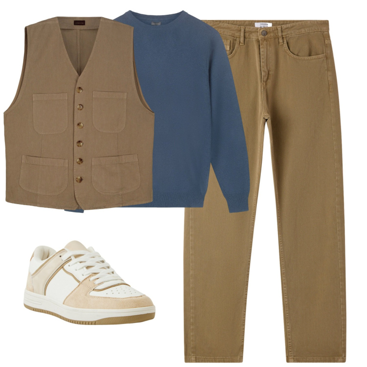 Outfit uomo - Total look #2265021. Stile Casual per Tutti i giorni. Abbinamento con sneakers, jeans dritti, gilet, maglieria.