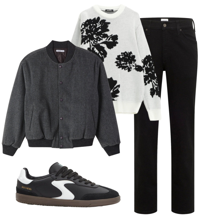 Outfit uomo - Ottobre. Stile Casual per Tutti i giorni. Abbinamento con sneakers, jeans dritti, bomber, pullovers.