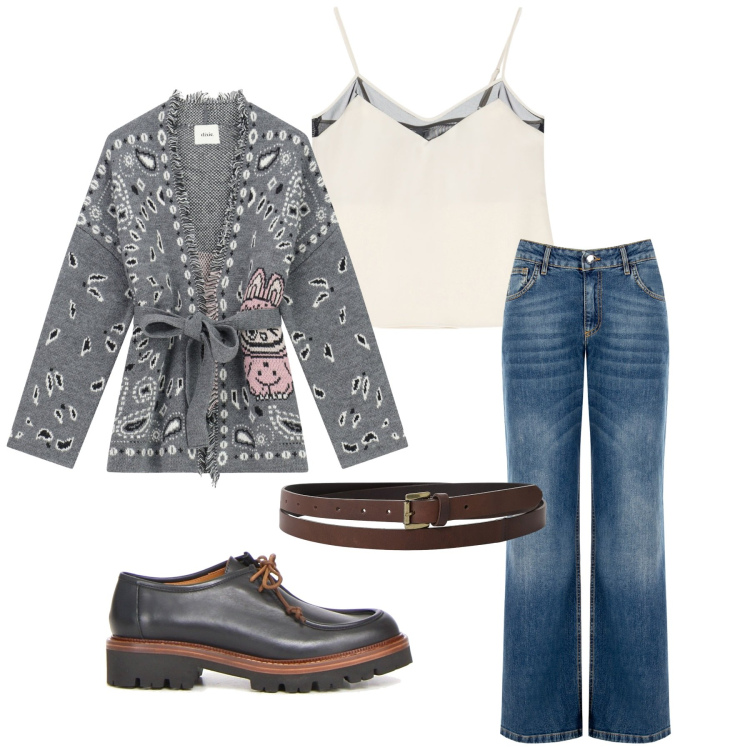 Outfit donna - Serata con gli amici. Stile Minimal per Serata fuori. Abbinamento con jeans, top, cardigans, cinture, mocassini.