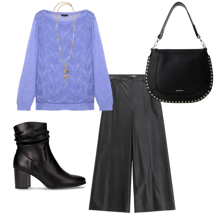 Outfit donna - Total look #2265025. Stile Minimal per Ufficio. Abbinamento con pantaloni, borse a spalla, ciondoli, stivaletti, maglieria.