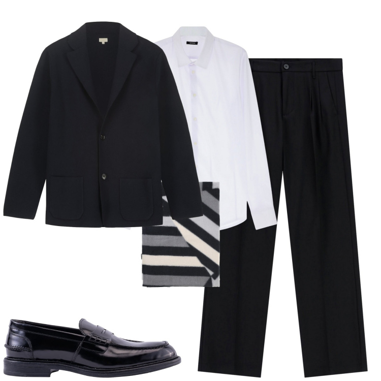 Outfit uomo - Total look #2265026. Stile Business/Elegante per Tutti i giorni. Abbinamento con camicie, pantaloni, sciarpe, giacche, scarpe stringate.