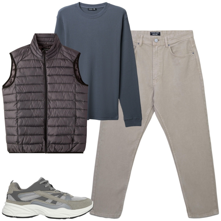 Outfit uomo - City. Stile Casual per Tutti i giorni. Abbinamento con sneakers, jeans, piumini, maglieria.
