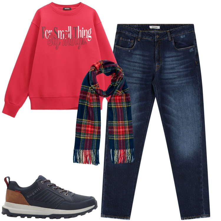 Outfit uomo - Ottobre. Stile Casual per Tutti i giorni. Abbinamento con sneakers, jeans dritti, felpe, sciarpe.