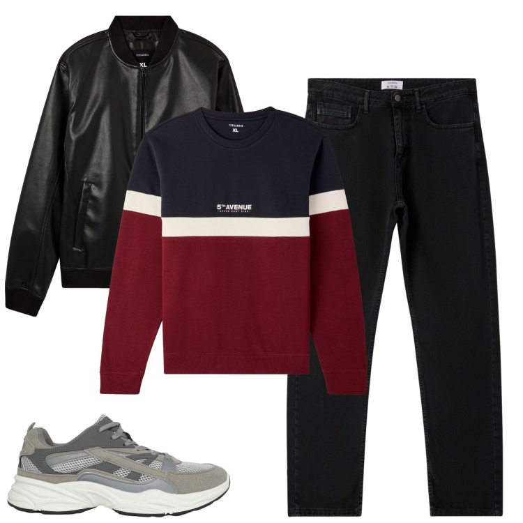Outfit uomo - Ottobre. Stile Casual per Tutti i giorni. Abbinamento con bomber, sneakers, felpe, jeans dritti.