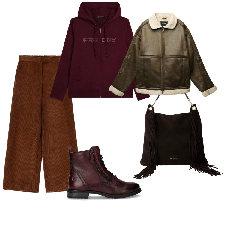 Outfit donna - Passeggiata tra le foglie. per Tutti i giorni. Abbinamento con giacche, borse a spalla, pantaloni a palazzo, felpe con cappuccio, anfibi.