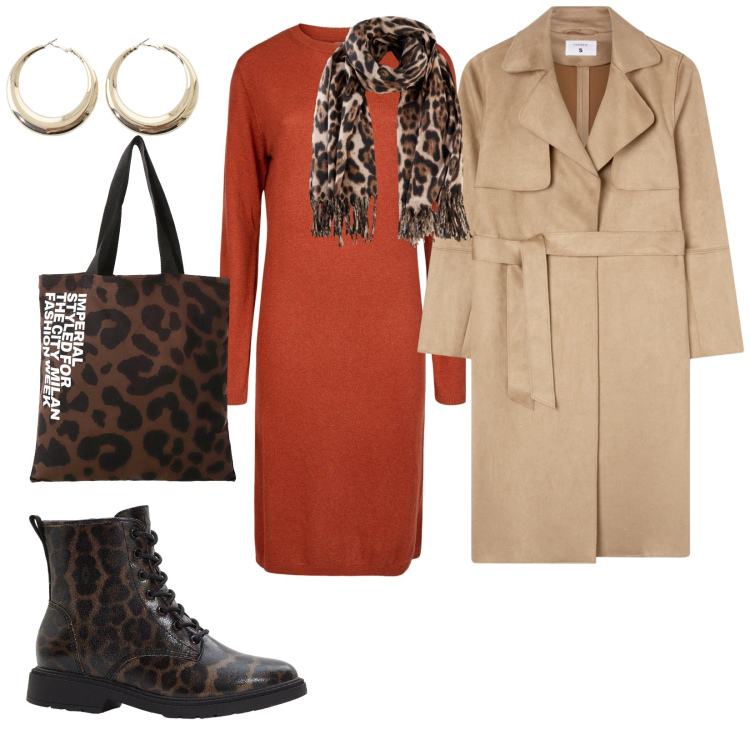 Outfit donna - Passeggiata tra le foglie. per Tutti i giorni. Abbinamento con stivaletti, foulard, trench, orecchini, shopping bag, vestiti midi/longuette.