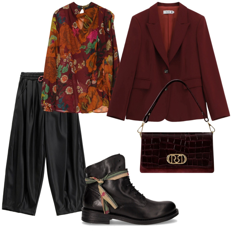 Outfit donna - Arancione ad ottobre. per Ufficio. Abbinamento con borse a mano, blazer, camicie, pantaloni a palazzo, anfibi.