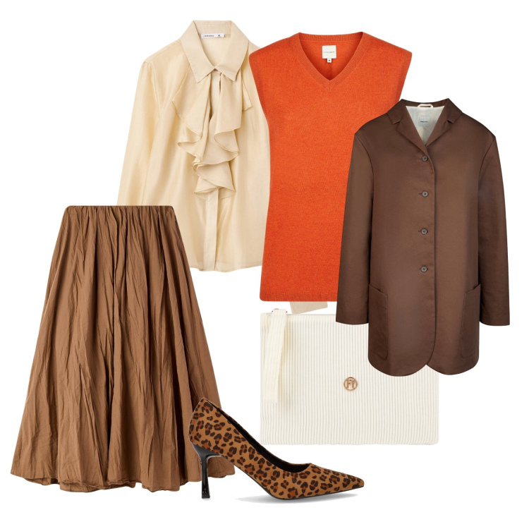 Outfit donna - Arancione ad ottobre. per Ufficio. Abbinamento con gonne lunghe, camicie, valigie, trench, décolleté, maglieria.