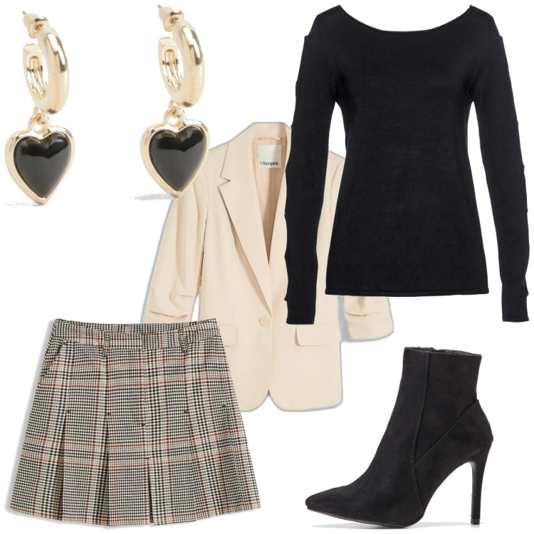 Outfit femme - Preppy #705. Style Preppy pour Tous les jours. Assortir avec pulls, minijupes, blazers, bottines, boucles d'oreilles.