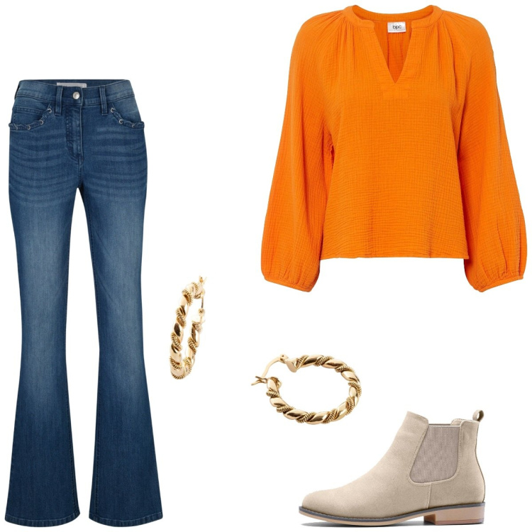Outfit femme - Orange. Style Basique pour Tous les jours. Assortir avec tuniques, boots, jean bootcut, boucles d'oreilles.