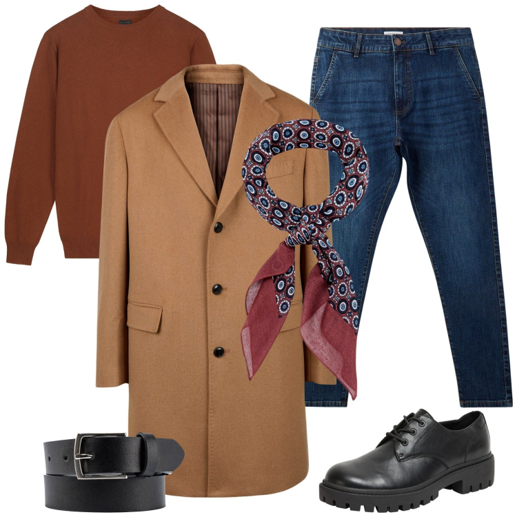 Outfit uomo - Total look #2265050. Stile Trendy per Ufficio. Abbinamento con scarpe stringate, jeans skinny, cappotti, maglieria, cinture, sciarpe e foulard.
