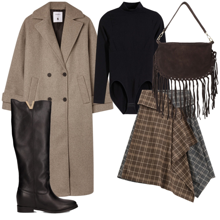 Outfit donna - Dolcezza autunnale. Stile Glamour per Tutti i giorni. Abbinamento con body, cappotti, minigonne, borse a tracolla, stivali.