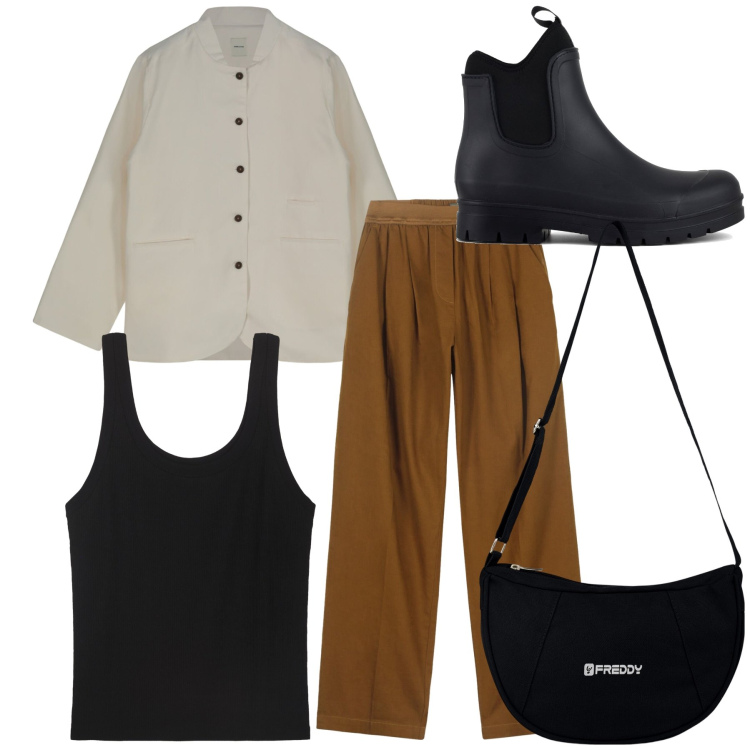 Outfit donna - Mercoledì mattina. Stile Basic per Tutti i giorni. Abbinamento con borse a spalla, pantaloni, stivali, canottiere, giacche.