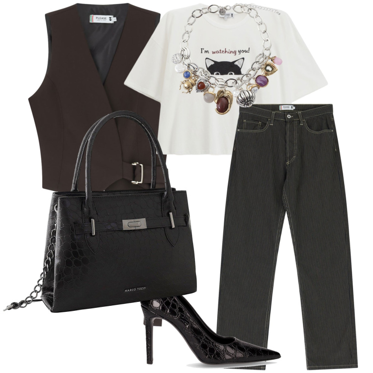 Outfit donna - Una lady col gilet. Stile Trendy per Ufficio. Abbinamento con borse a mano, t-shirt, gilet, pantaloni, braccialetti con ciondoli, décolleté.