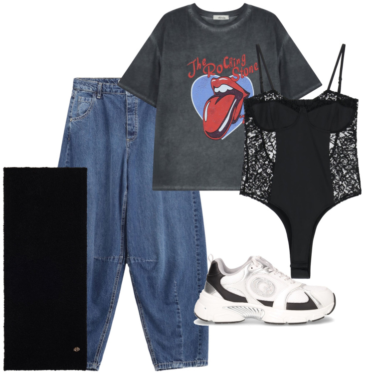 Outfit donna - Sportiva sexy e spiritosa. Stile Casual per Tutti i giorni. Abbinamento con jeans, body, t-shirt, sciarpe, sneakers.