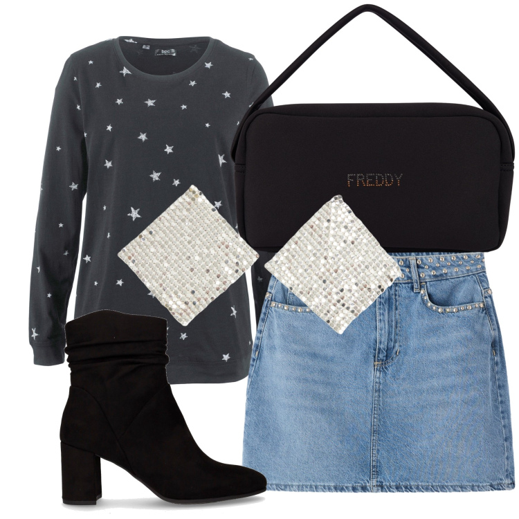 Outfit donna - Giornata brillante pure sotto le stelle. Stile Trendy per Tutti i giorni. Abbinamento con maglieria, orecchini, minigonne, borse a mano, stivaletti.
