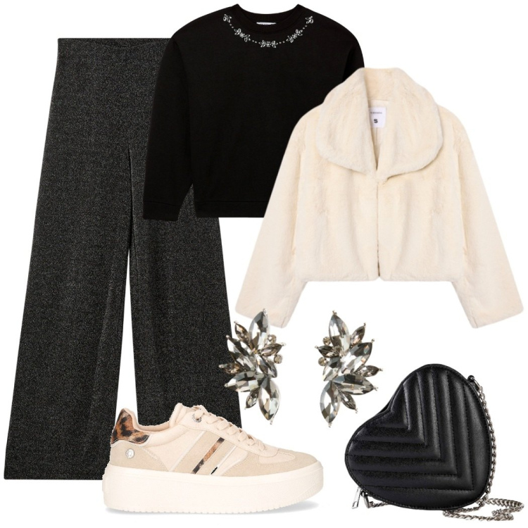 Outfit donna - Total look #2265063. Stile Casual chic per Serata fuori. Abbinamento con borse a tracolla, orecchini, felpe, pantaloni, ecopellicce, sneakers.