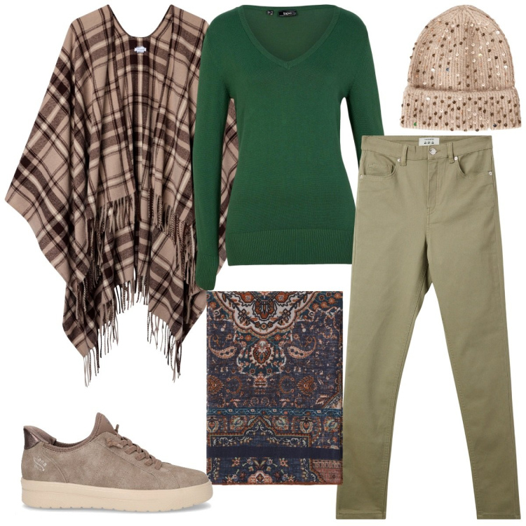Outfit donna - Passeggiata tra le foglie. Stile Casual chic per Tutti i giorni. Abbinamento con maglieria, pantaloni skinny, berretti, cappotti, foulard, sneakers.