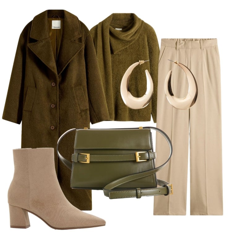 Outfit donna - Total look #2265068. Stile Casual per Ufficio. Abbinamento con pantaloni, maglieria, cappotti, stivaletti, orecchini, borse a tracolla.