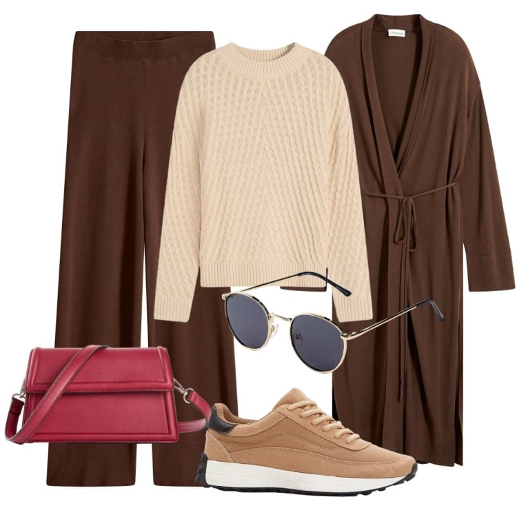 Outfit donna - Total look #2265073. Stile Basic per Tutti i giorni. Abbinamento con pantaloni, maglieria, cappotti, sneakers, borse a tracolla, occhiali da sole.