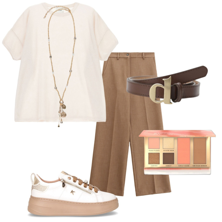 Outfit donna - Total look #2265077. Stile Casual chic per Tutti i giorni. Abbinamento con blush, pantaloni, maglieria, cinture, sneakers, ciondoli.