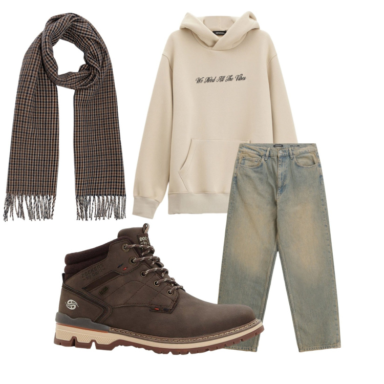 Outfit uomo - Total look #2265078. Stile Casual per Tutti i giorni. Abbinamento con stivali e stivaletti, felpe con cappuccio, jeans, sciarpe.