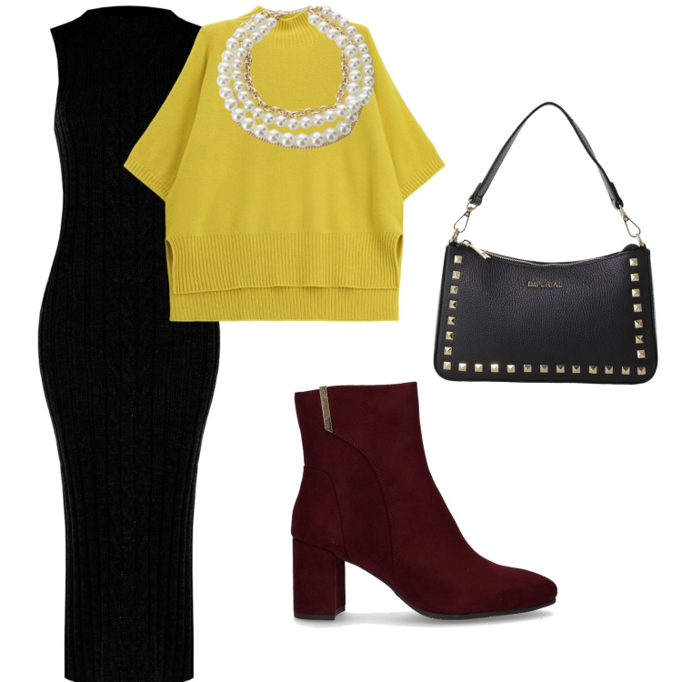 Outfit donna - Serata con amici. per Serata fuori. Abbinamento con vestiti midi/longuette, pochette, maglieria, collane, stivaletti.