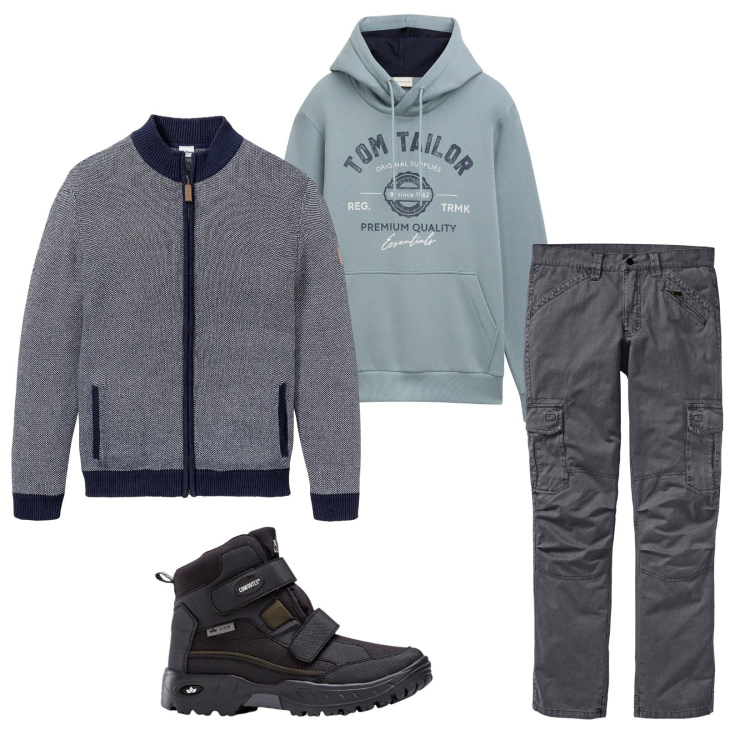 Outfit uomo - Total look #2265080. Stile Urban per Tutti i giorni. Abbinamento con cardigans, pantaloni cargo, stivali e stivaletti, felpe con cappuccio.