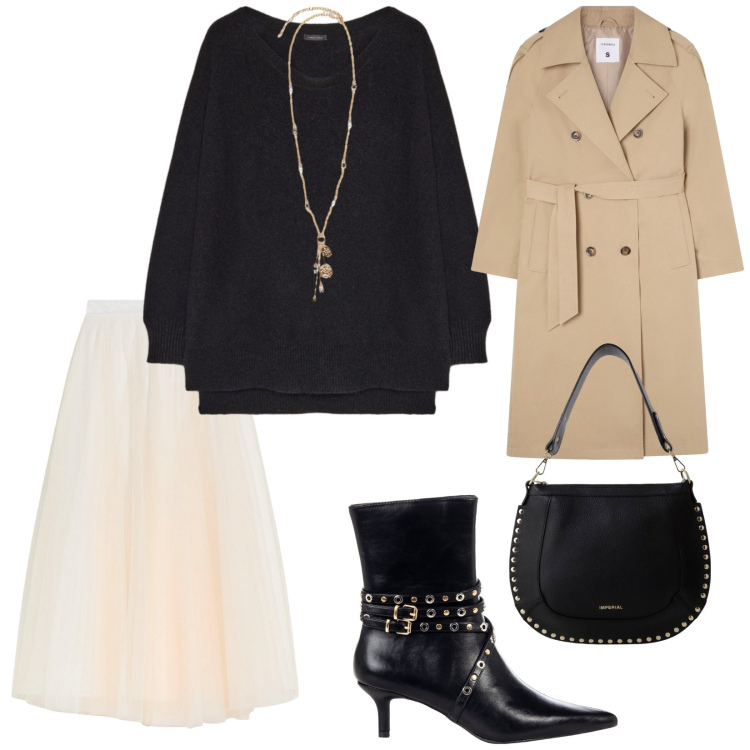 Outfit donna - Serata con gli amici. per Serata fuori. Abbinamento con gonne lunghe, trench, stivaletti, borse a spalla, pullovers, ciondoli.